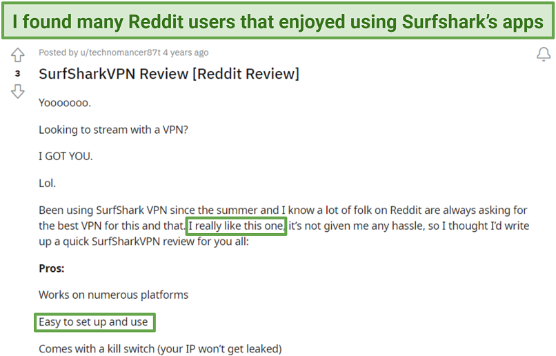 Screenshot of Reddit user review about Surfshark's easy-to-use and enjoyable apps.