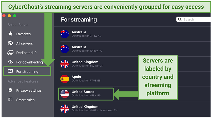 A screenshot showing CyberGhost's streaming-optimized servers on its macOS app