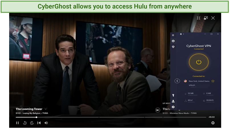screenshot showing The Looming Tower streaming on Hulu with CyberGhost connected