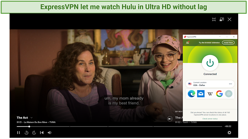 Screenshot showing The Act streaming on Hulu with ExpressVPN connected