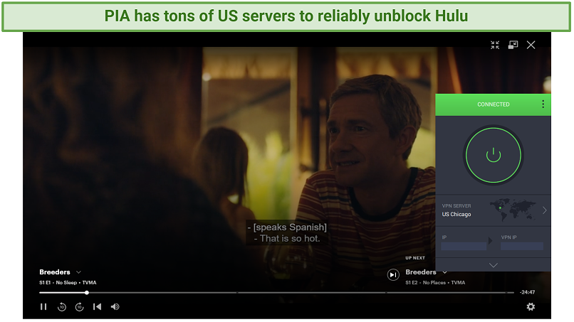 screenshot showing Breeders streaming on Hulu with PIA connected