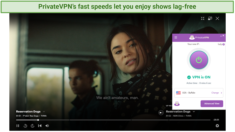 screenshot showing Reservation Dogs streaming on Hulu with PrivateVPN connected