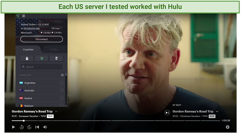 Watching Gordon Ramsay's Road Trip on Hulu using ProtonVPN's Florida Server