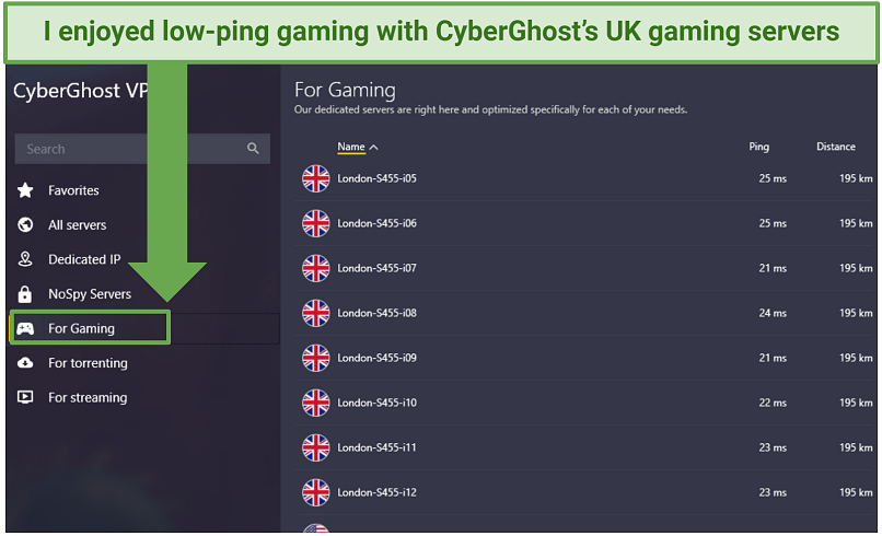 Screenshot of CyberGhost's gaming-optimized server