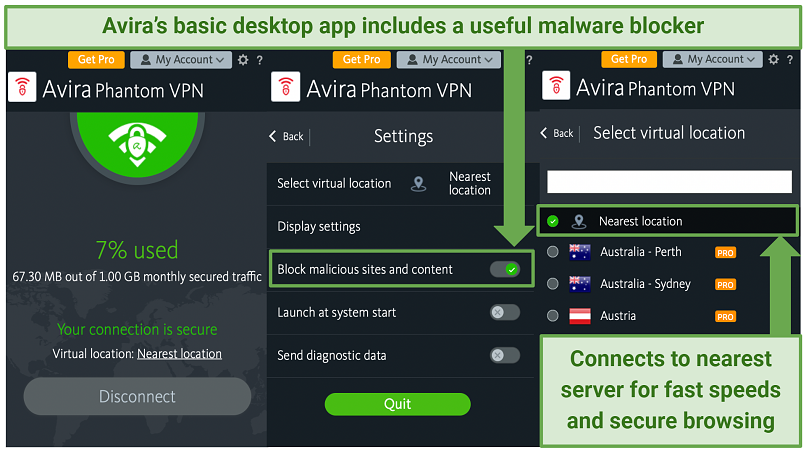 Screenshots of the Avira Phantom VPN app's home screen, settings menu, and server list