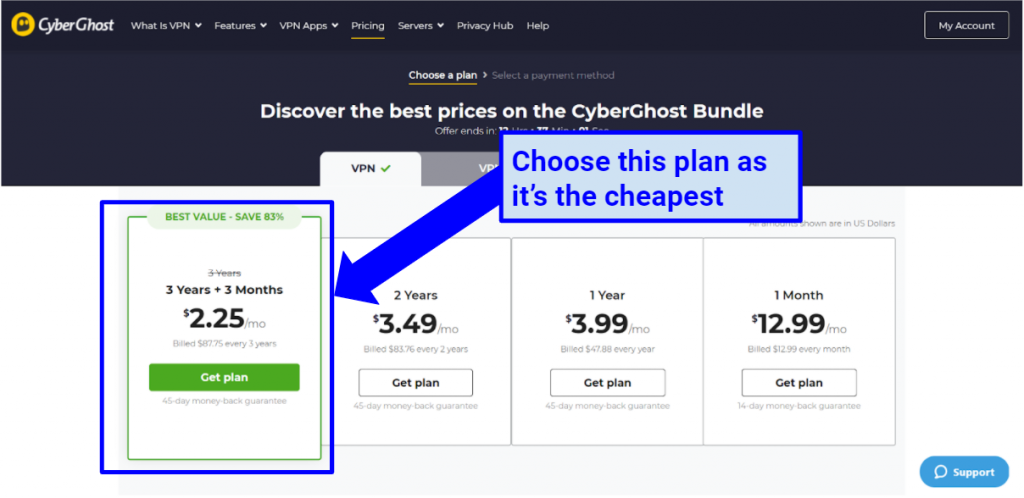 graphics showing CyberGhost's paid plans