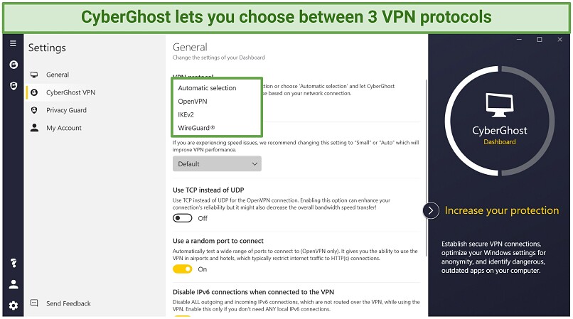 Screenshot showing CyberGhost interface with the option to select a preferred VPN protocol