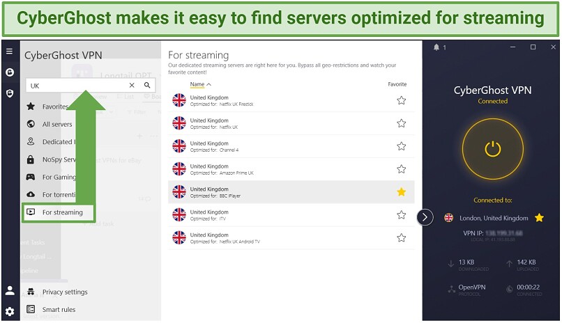 A screenshot of CyberGhost's app dashboard with its UK streaming-optimized servers.