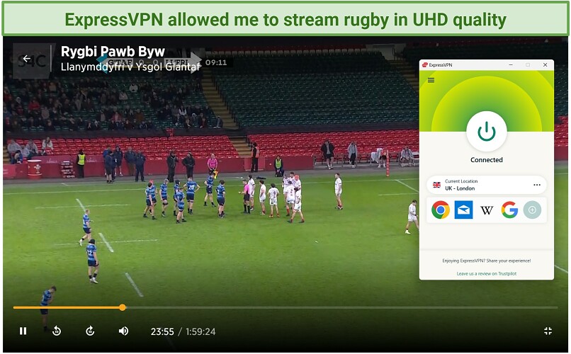 A screenshot of streaming rugby live without buffering while connected to ExpressVPN's London server.