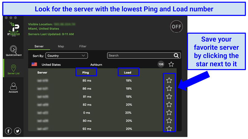 PVanish's app showing a list of servers with ping and load information, while indicating how to save preferred servers by clicking the star to the right of it