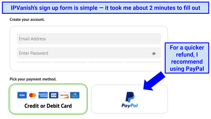 IPVanish's sign up form on its website, prompting for an Email address, password, and preferred payment method