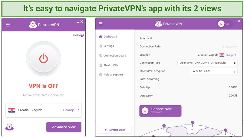 Screenshot showing PrivateVPN's Simple and Advanced Views