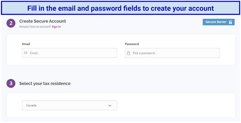 a screenshot of PrivateVPN's account creation field
