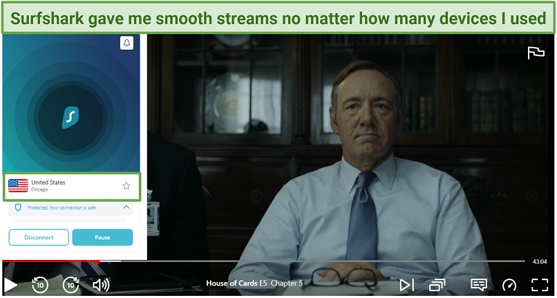 a screenshot of House of Cards playing on US Netflix, with Surfshark connected to a US server
