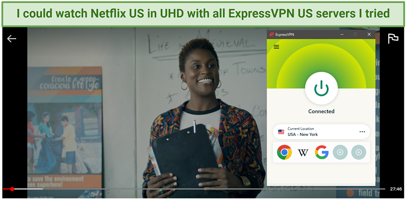 A screenshot showing the Netflix US show Insecure playing while connected to ExpressVPN's New York server
