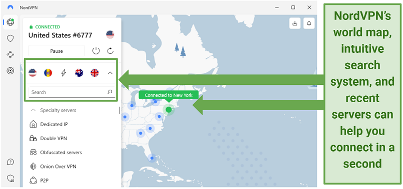 a screenshot of Nordvpn app interface, with the map, search bar, and recent servers visible, while connected to a US server