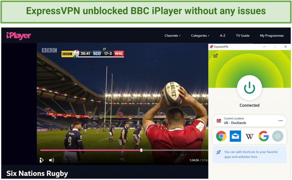 Screenshot showing BBC iPlayer streaming Six Nations Rugby after connecting to an ExpressVPN server in the UK