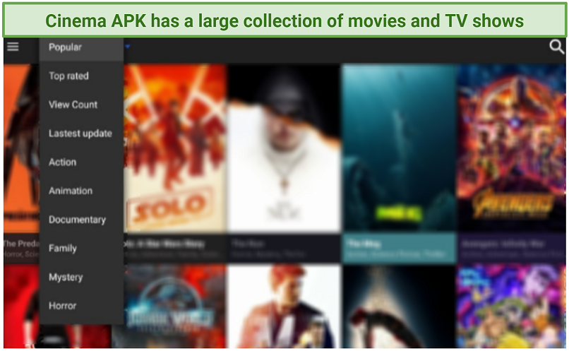 Screenshots of Cinema APK homepage showing various movie options