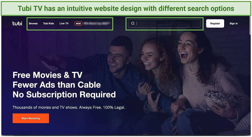 Screenshots of Tubi TV's homepage showing the options to watch on-demand movies or live TV