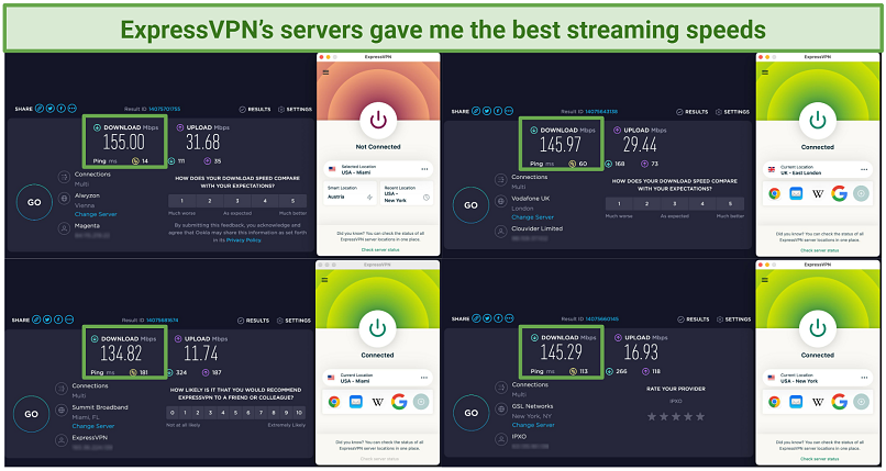 A screenshot of the speed tests using ExpressVPN's server locations in East London, Miami, and New York against a base speed of 155 Mbps