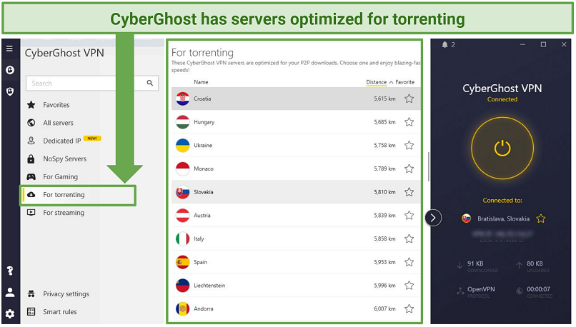 A screenshot of CyberGhost's list of dedicated torrenting servers on a Windows app