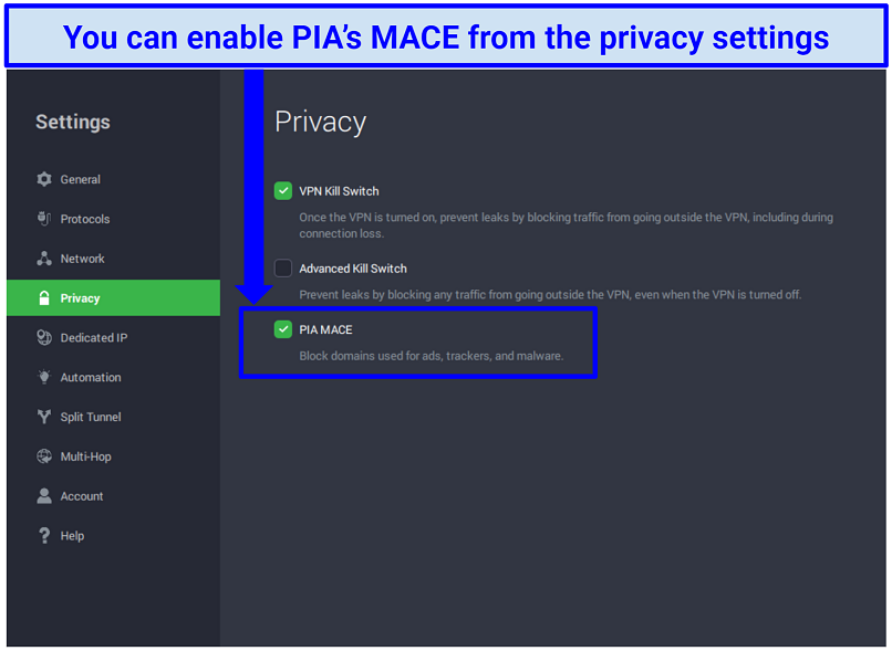 A screenshot of PIA's privacy settings showing how to enable its ad blocker MACE