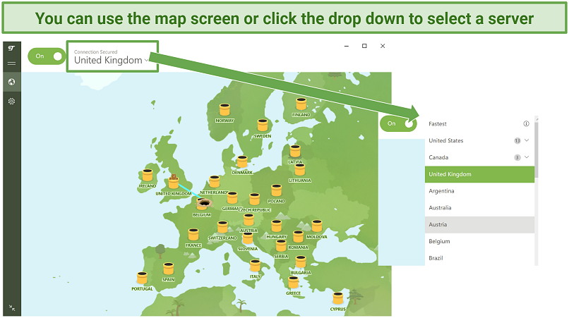 Capture d'écran montrant l'interface utilisateur VPN gratuite TunnelBear et comment sélectionner les emplacements du serveur