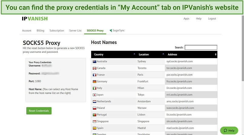 Screenshot of IPVanish's SOCKS5 proxy settings in its Control Panel