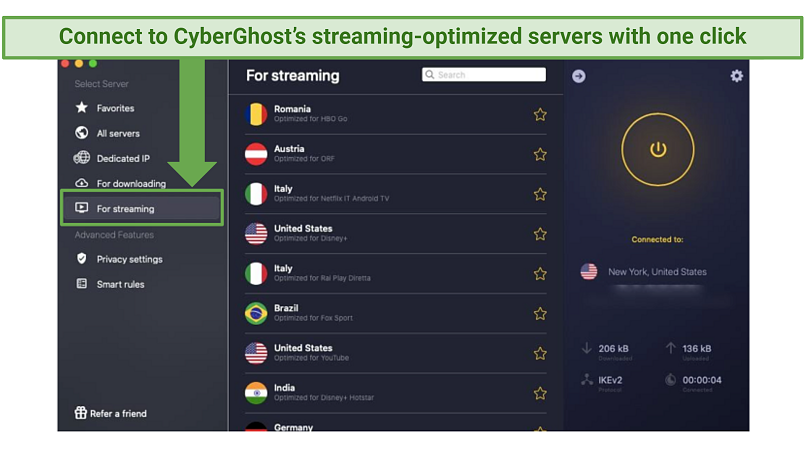 Screenshot of CyberGhost's interface