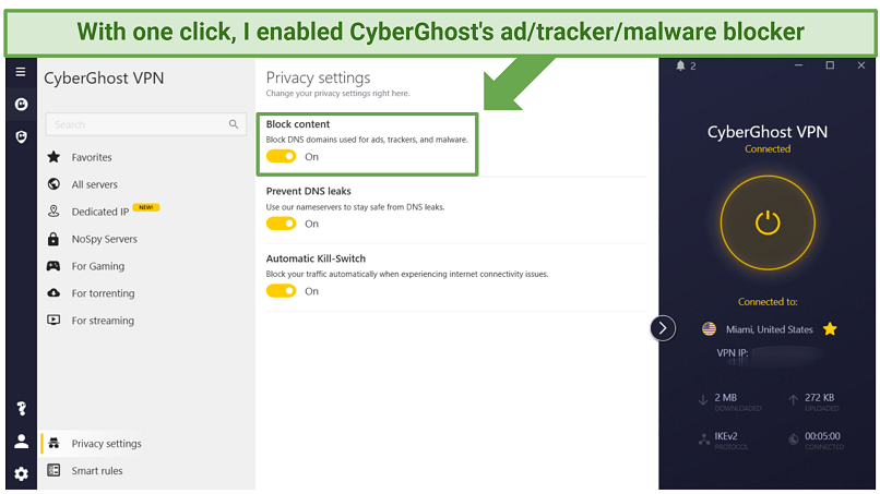 CyberGhost's Windows app displaying how to enable the built-in adblocker