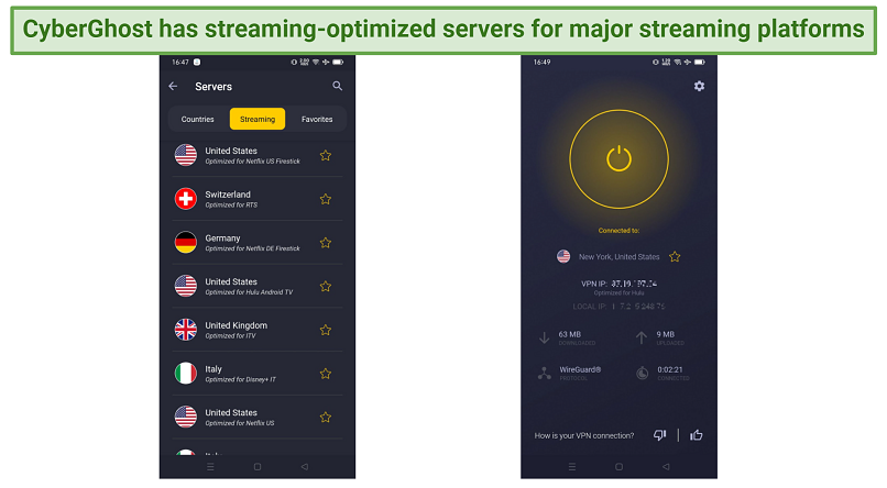 screenshot displaying CyberGhost's streaming-optimized servers