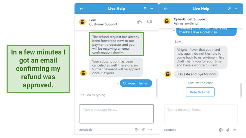 screenshot of refund process with CyberGhost