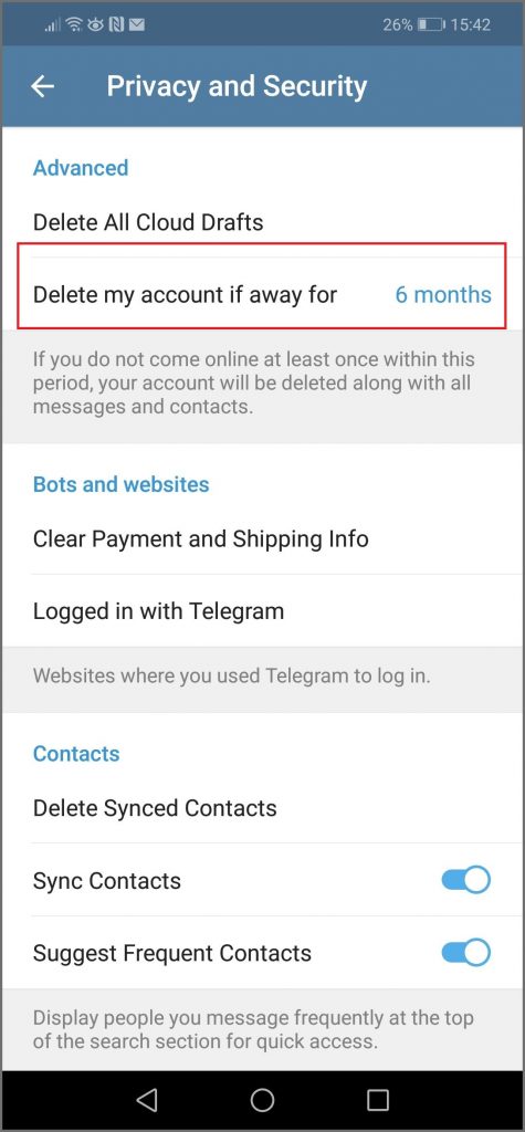 Deactivating Telegram - Settings