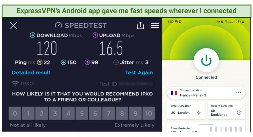 screenshot showing ExpressVPN's speed test results in Paris