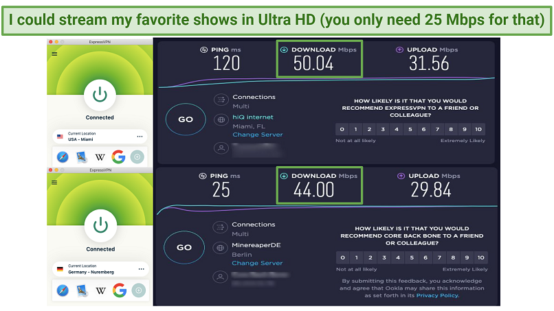 Screenshot of speedtests with ExpressVPN