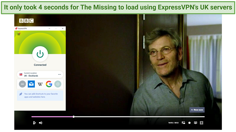 Screenshot showing ExpressVPN streaming The Missing on BBC iPlayer