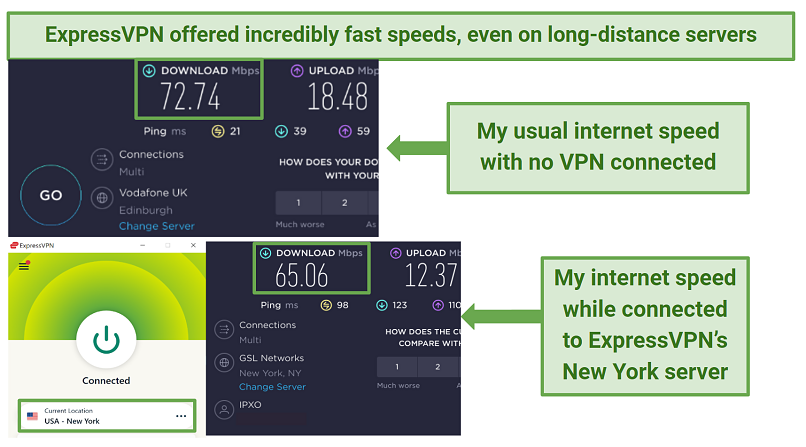 Screenshots of ExpressVPN's speed tests