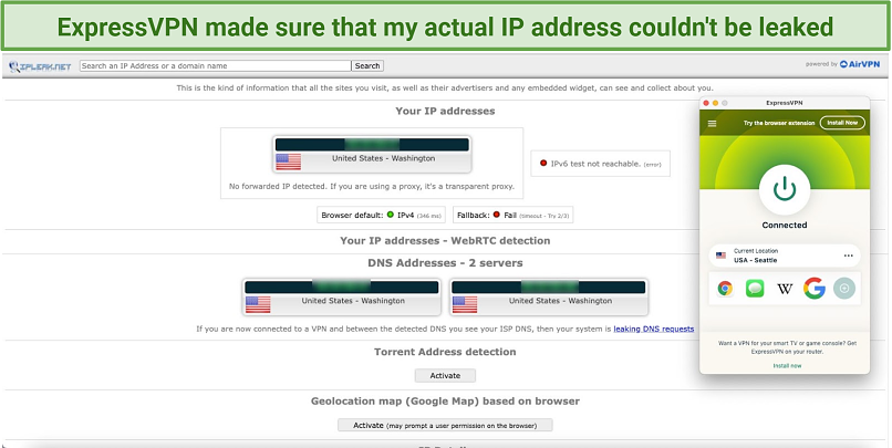 Graphic showing ExpressVPN leak test
