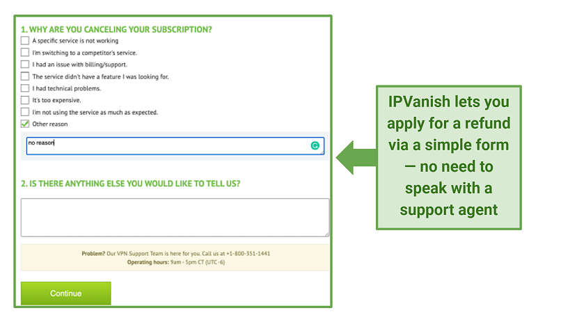 Screenshot of IPVanish's cancellation form