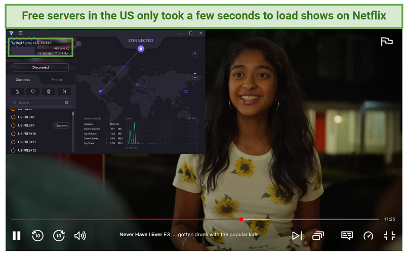 Screenshot of Proton VPN's free US servers unblocking Netflix