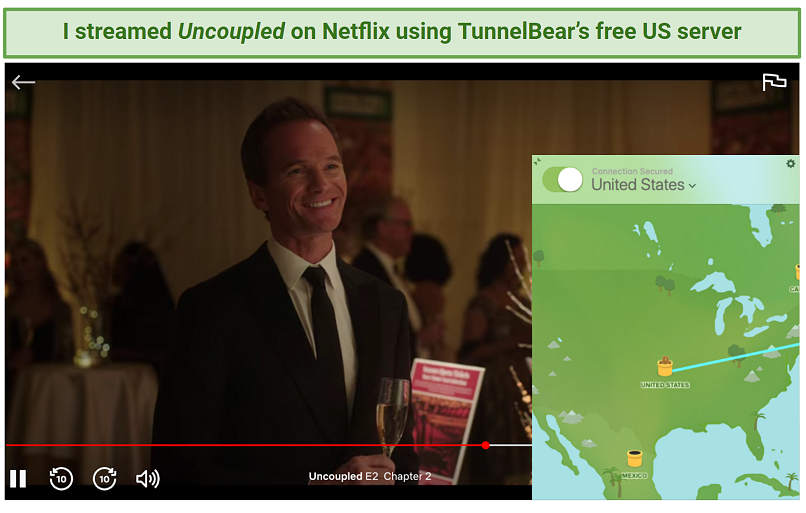 Screenshot of TunnelBear's free US server accessing Netflix