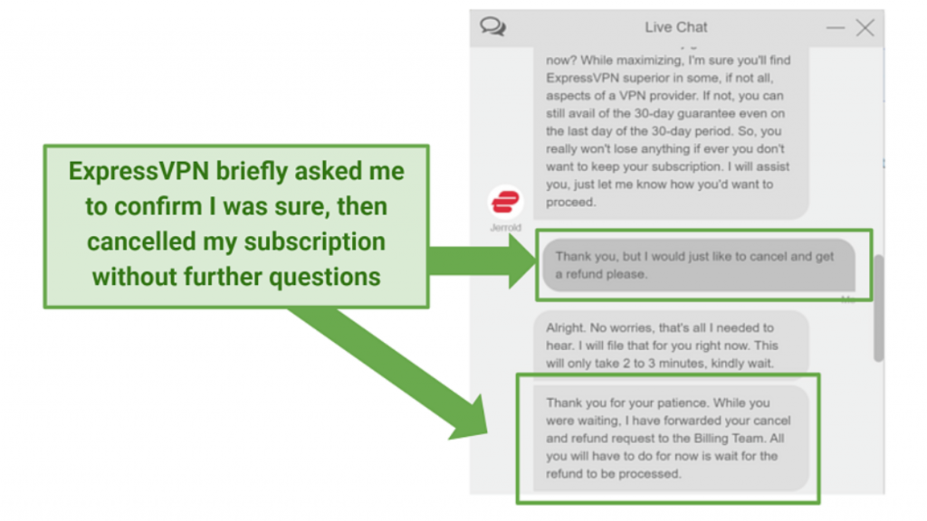Screenshot of ExpressVPN live chat approving a refund using the money-back guarantee free trial