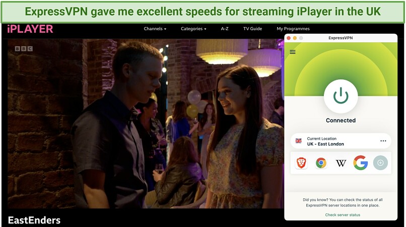 Screenshot of EastEnders playing while connected to ExpressVPN's UK server from within the UK.