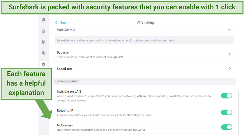 SurfShark's Windows app displaying a variety of security features