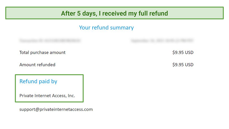 Screenshot of a PIA refund summary
