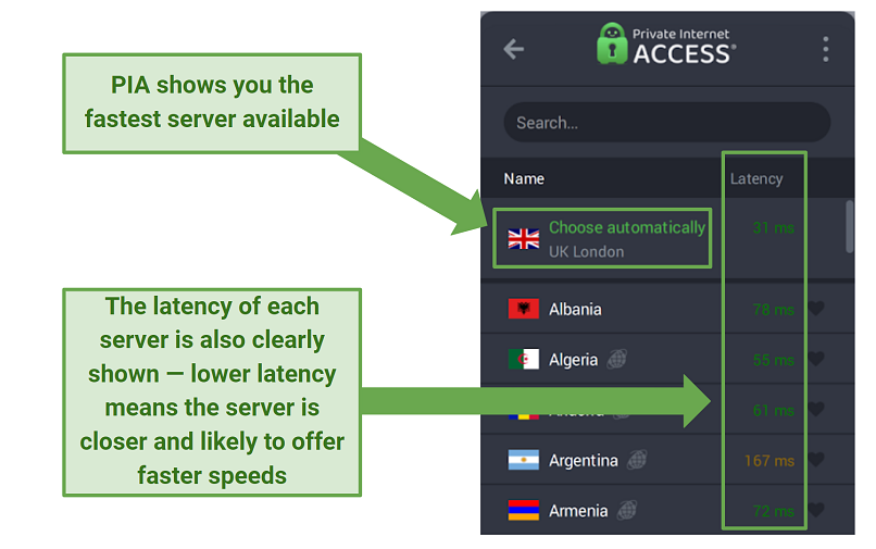 Screenshot of PIA's app showing server latency