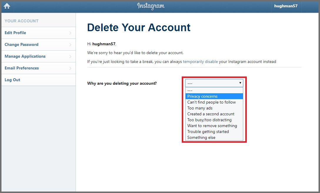 Permanently Deleting Instagram: Deleting Your Account Page