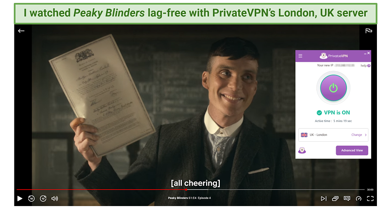A screenshot showing that PrivateVPN's London server unblocked Netflix UK