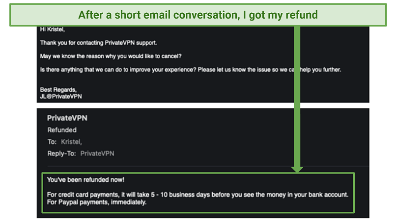 Screenshot of PrivateVPN's refund process