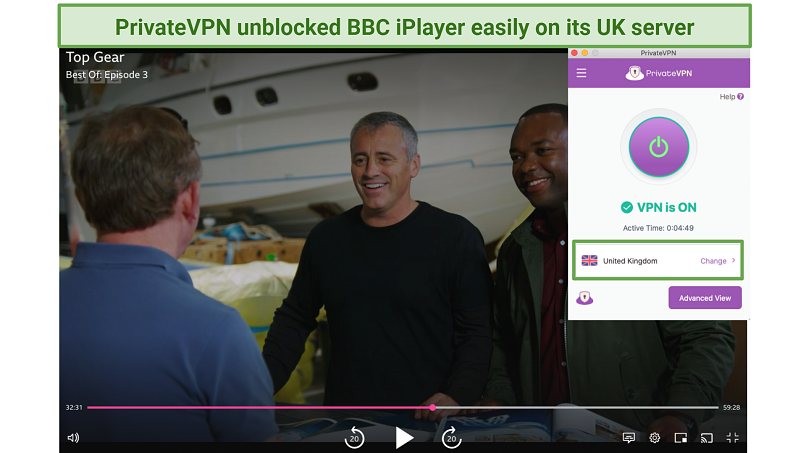 Screenshot of watching Top Gear on BBC iPlayer using PrivateVPN's UK server